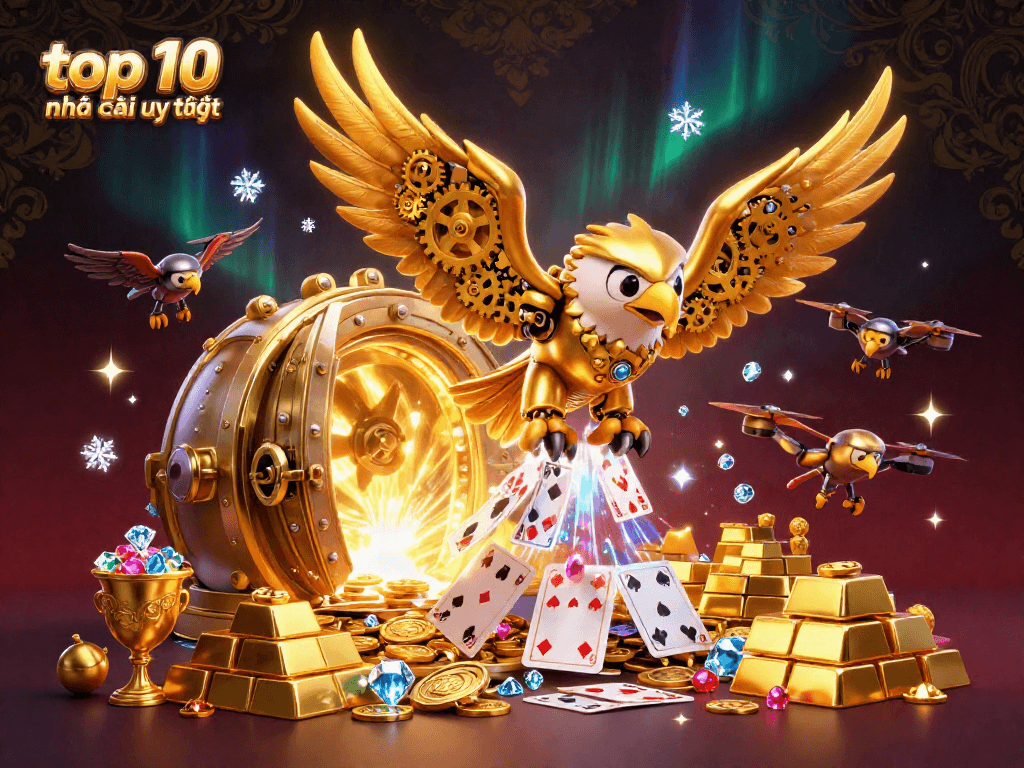 Engage with the top 10 nhà cái uy tín as a cybernetic eagle explores a treasure-filled casino realm.