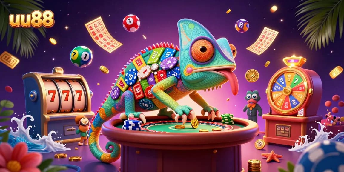 Engage in thrilling games at uu88 with dynamic slots, colorful lottery balls, and vibrant casino elements.