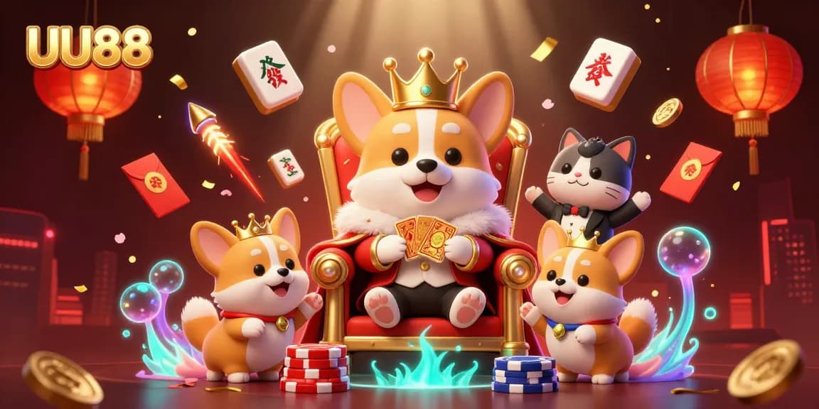 Experience thrilling games at UU88 with a royal corgi and festive decorations.