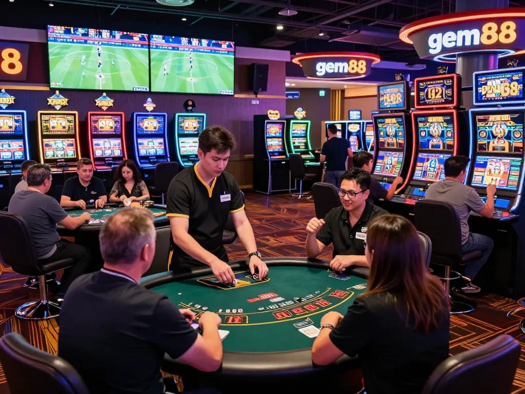 Exciting gem88 online casino scene with diverse players at gaming tables and sports betting kiosks, capturing vibrant atmosphere.