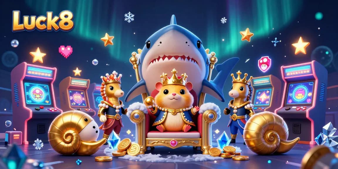 Engage with Luck8's vibrant casino scene featuring a golden hamster king amidst playful game elements.