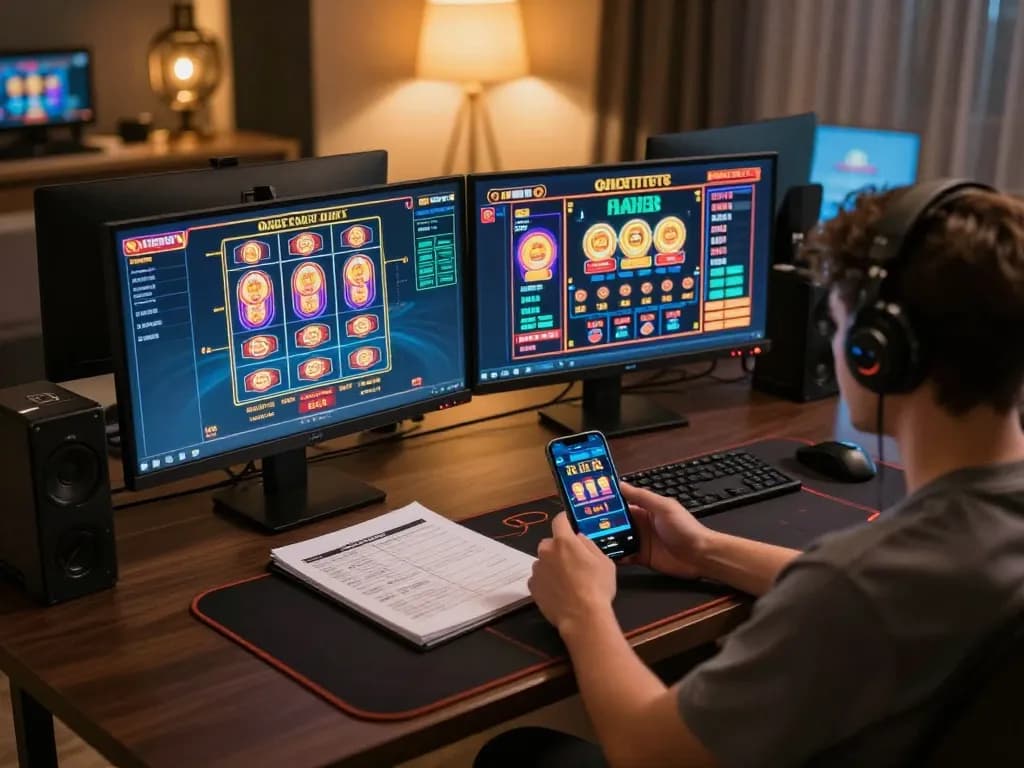 Xoilac user engaging in strategic online gambling with multiple screens, showcasing focused gameplay.