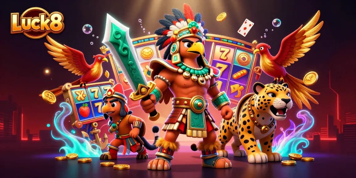 Luck8 thundering jackpot excitement with warriors amidst slot machines and golden treasures.