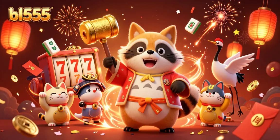 Spin and win at bl555 with a festive 3D cartoon illustration of lucky characters celebrating