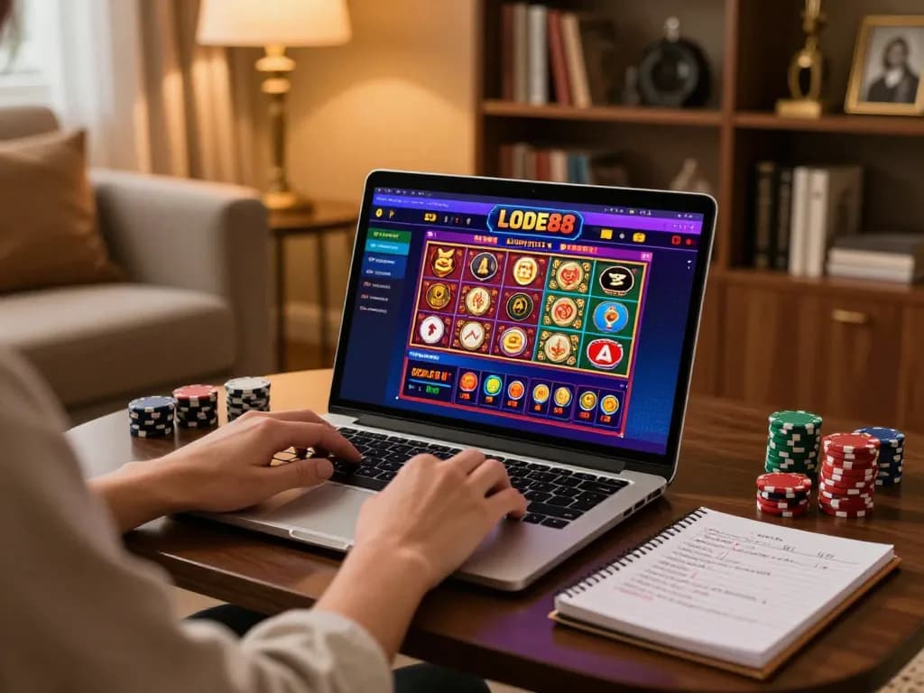 LODE88 online gaming scene showcasing a player engaging with a laptop, discussing strategies.
