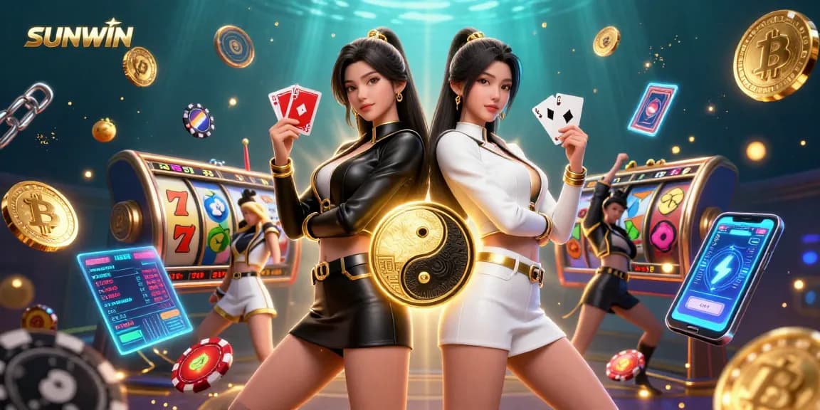SUNWIN's captivating twin Asian women showcase their card skills amidst vibrant casino jackpots and digital currency.