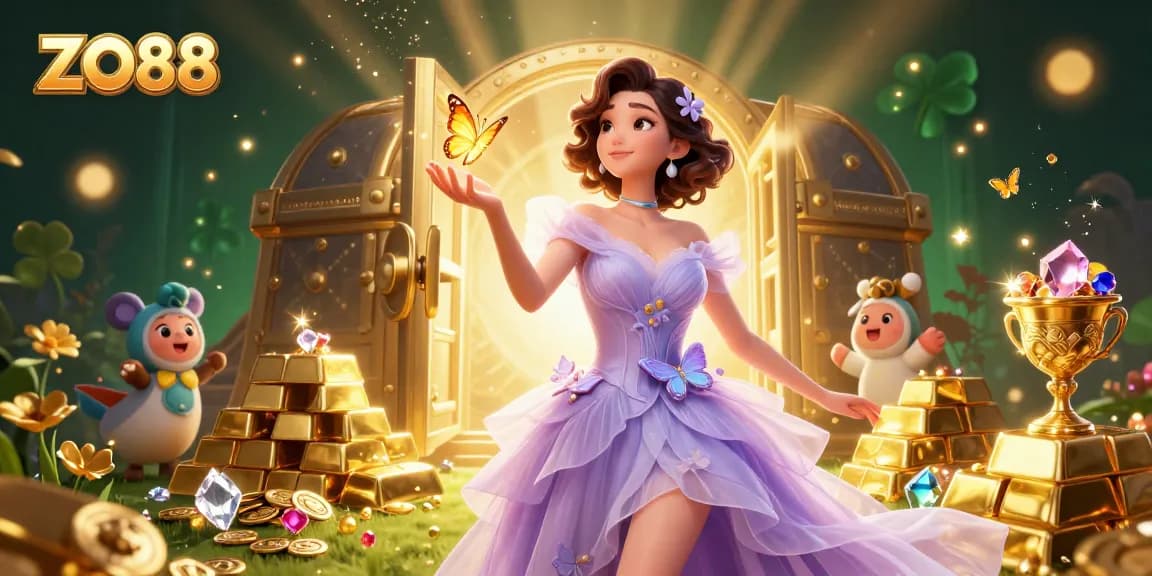 Bet big at ZO88 with vibrant casino games and golden treasures in a stunning digital illustration.