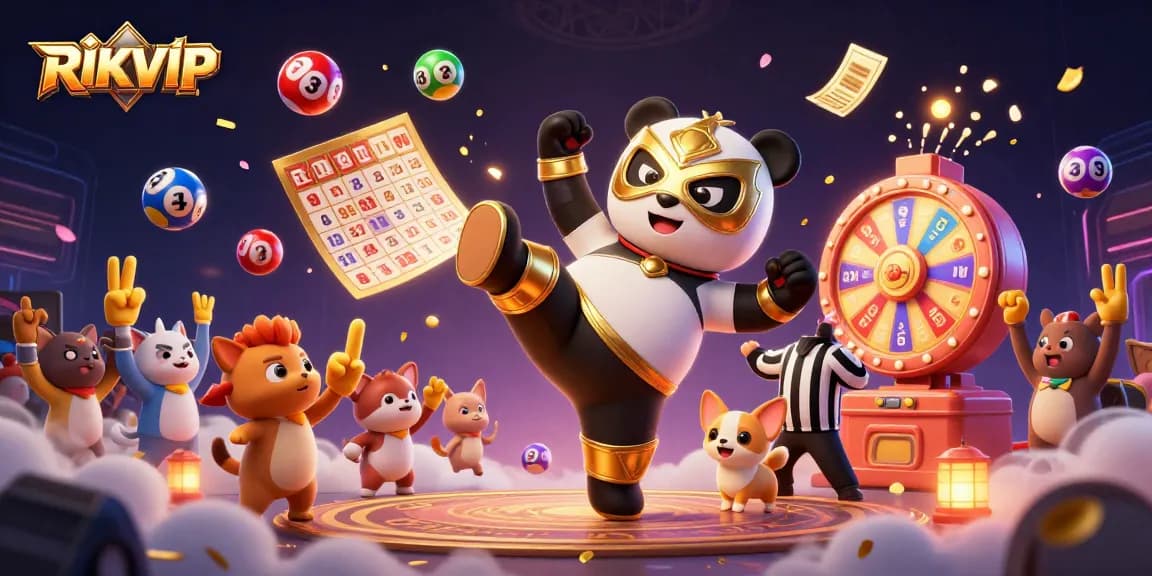 Experience the thrill of RIKVIP with an energetic panda wrestler, excited fans, and vibrant lottery elements.