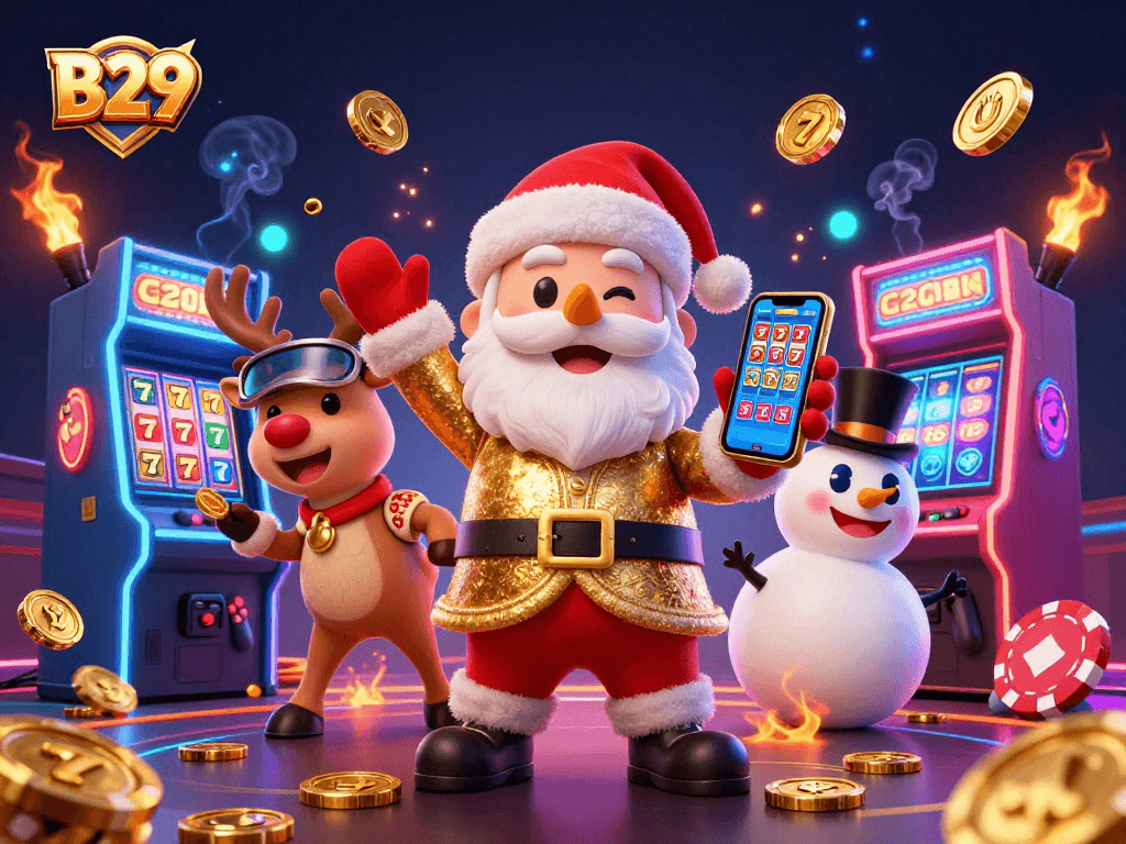 B29 slots illustration featuring Santa and friends celebrating jackpots in a vibrant casino