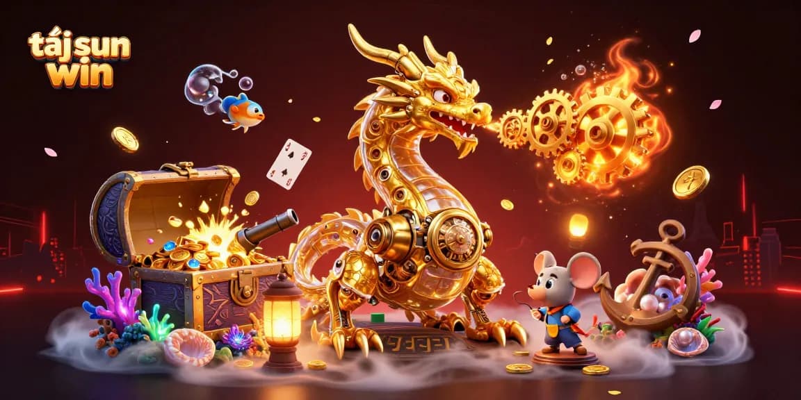 Engage in thrilling gameplay with tải sun win's golden dragon surrounded by vibrant casino treasures.