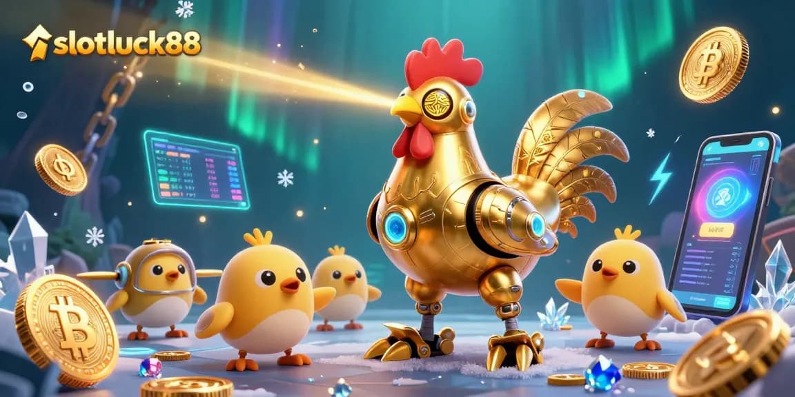 Experience thrilling slots at slotluck88 with a vibrant 3D casino illustration featuring crypto elements.