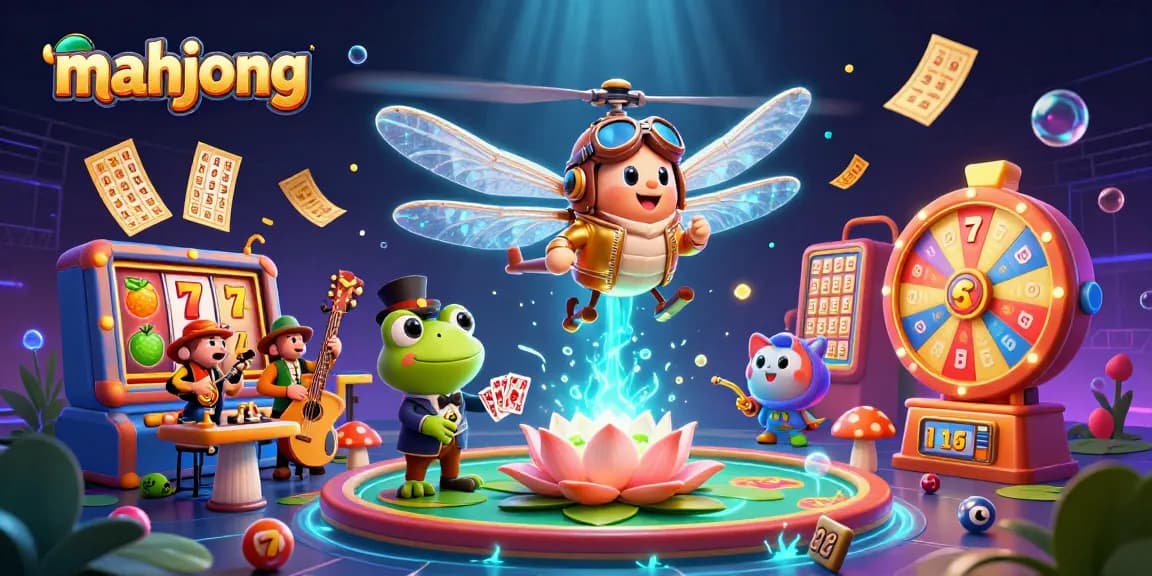 Play mahjong with fun characters at a vibrant lily pad casino scene featuring a dragonfly pilot and frog dealer.