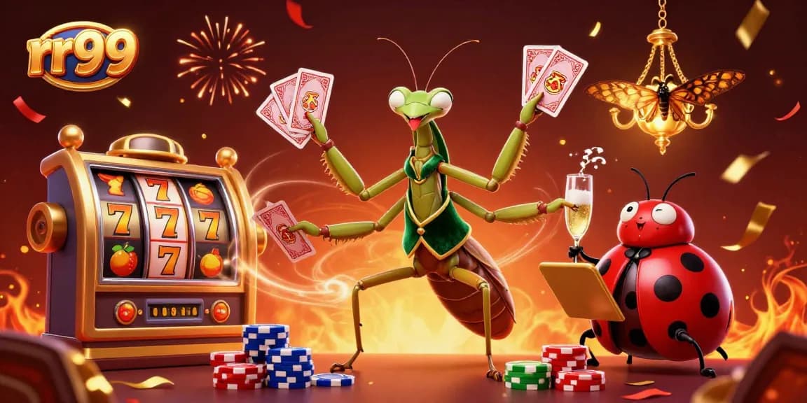 Experience thrilling moments at rr99 with a cartoon mantis dealing cards and festive casino elements.