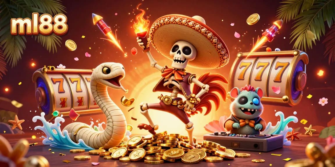 Spin and win with ml88 as a mariachi rooster and friends celebrate over riches.