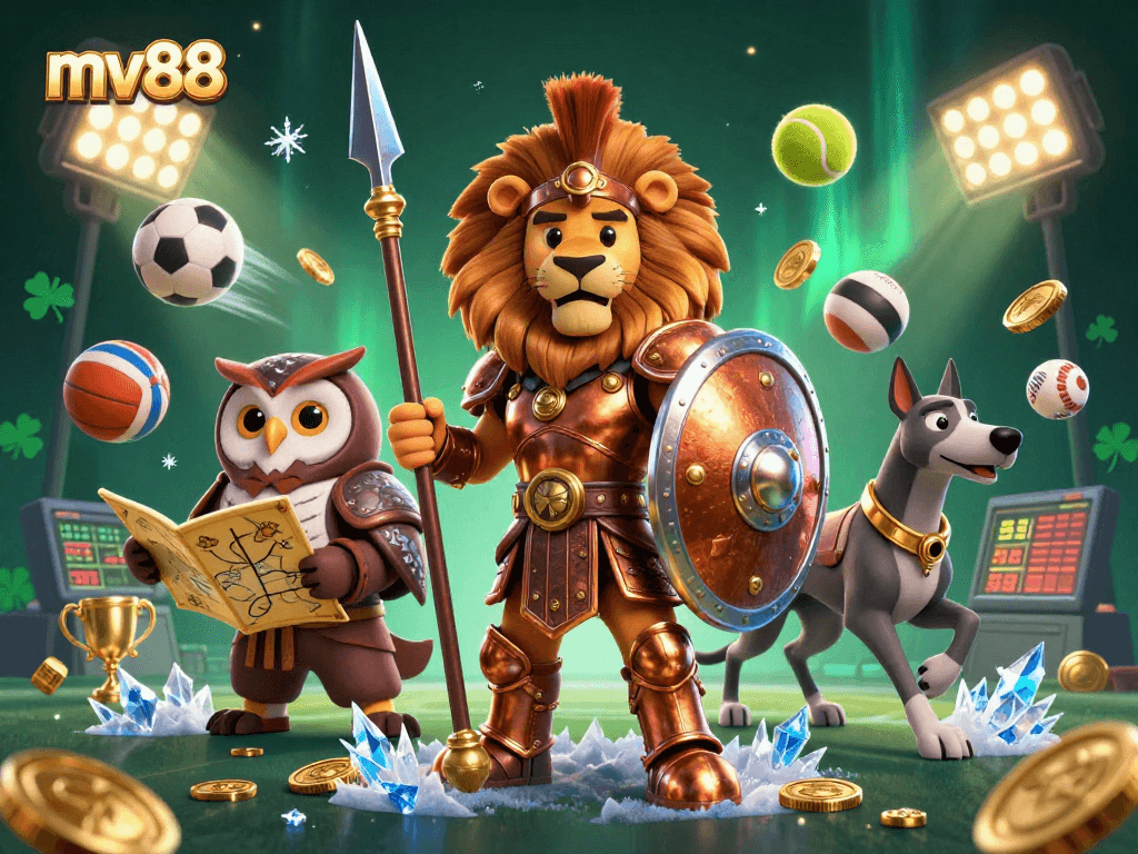 Experience thrilling gameplay at mv88 with a vibrant 3D casino illustration showcasing energetic characters and dynamic elements.