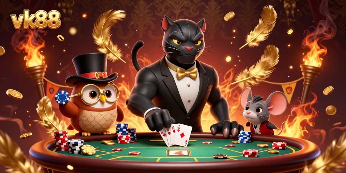 Engage in thrilling poker action with vk88 while the stylish panther deals cards and the owl holds poker chips.