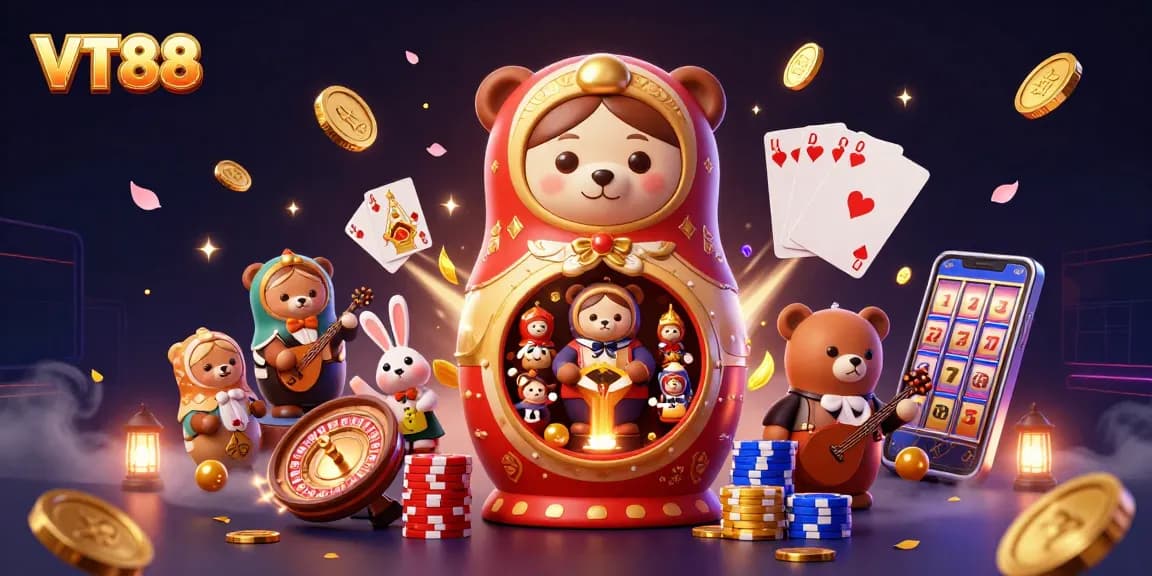 Experience the thrill of VT88 as colorful casino elements burst around charming characters.