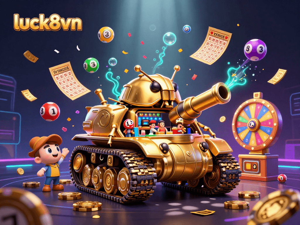Experience thrilling fun with luck8vn's vibrant 3D casino scene featuring lottery elements.