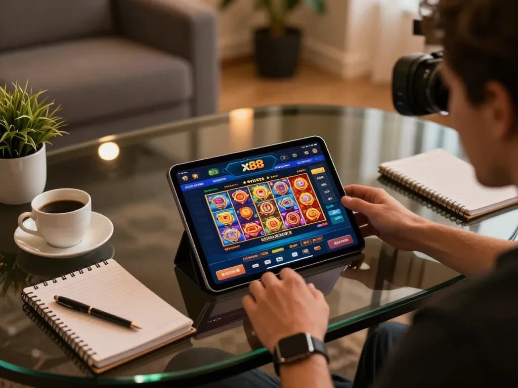 Engaging in online casino gaming with the x88 app on tablet, coffee nearby in a cozy setting.