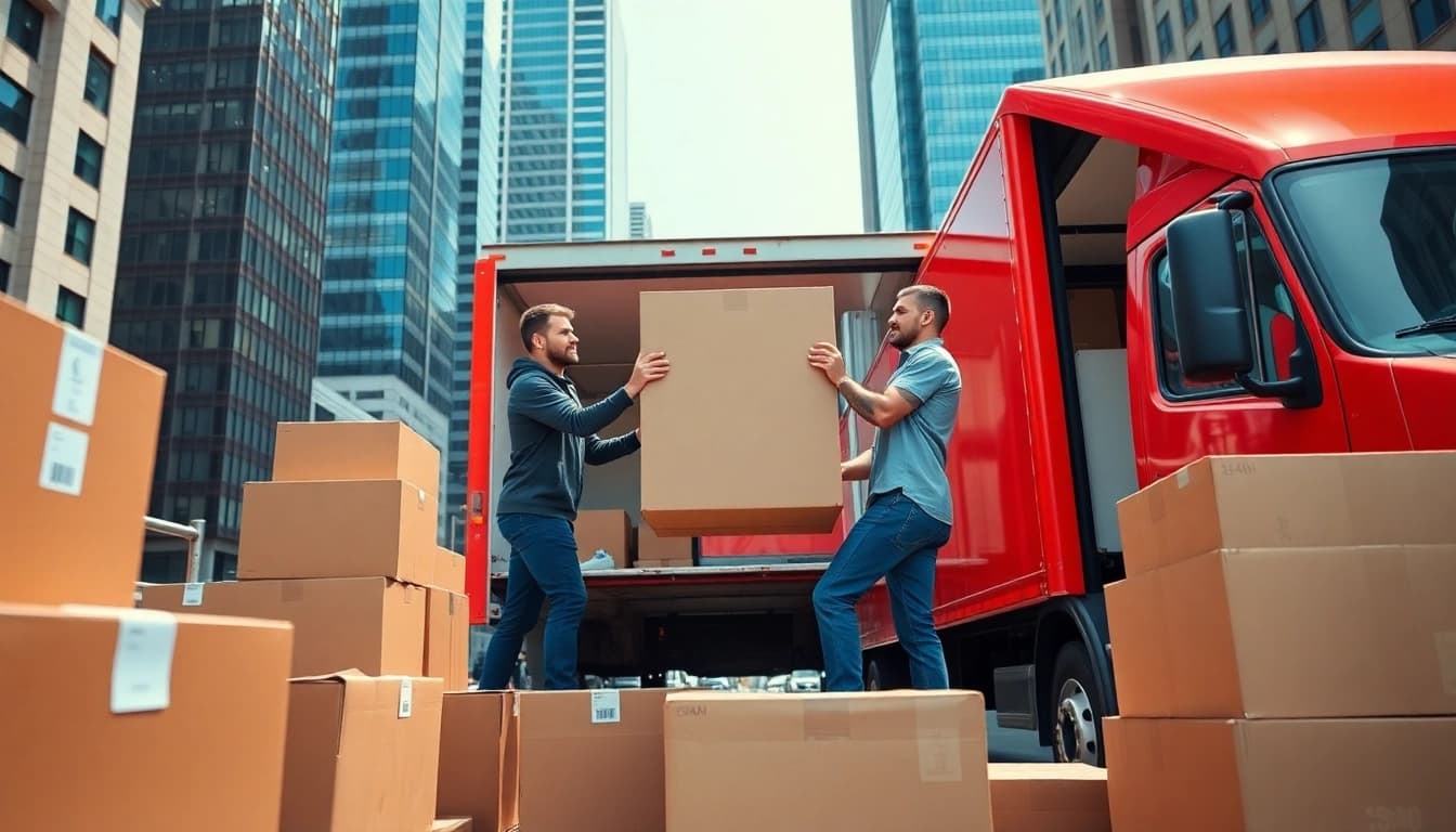 Long distance movers Calgary efficiently loading a moving truck in the cityscape.