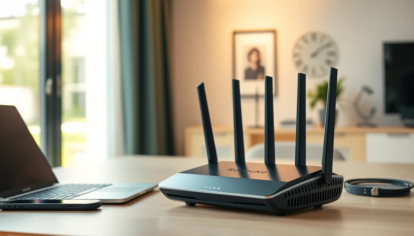 Show a pre configured vpn router uk with modern tech setup in a bright home office.