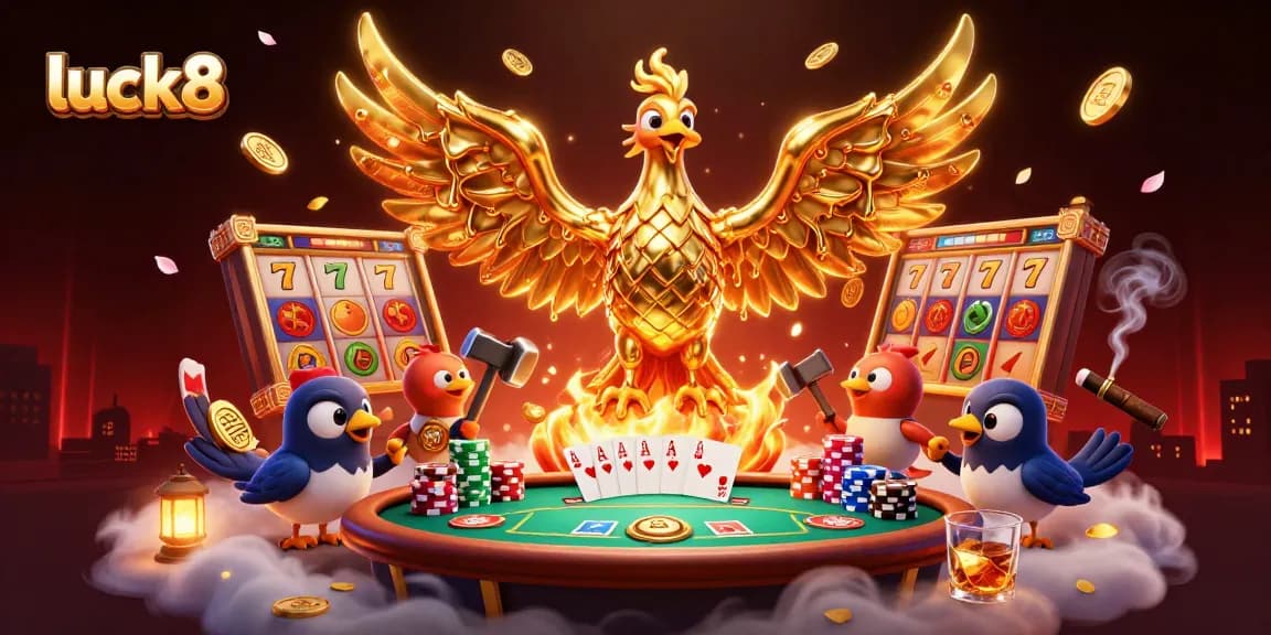 Spin the reels at luck8, featuring a golden phoenix amidst vibrant jackpot and poker elements.