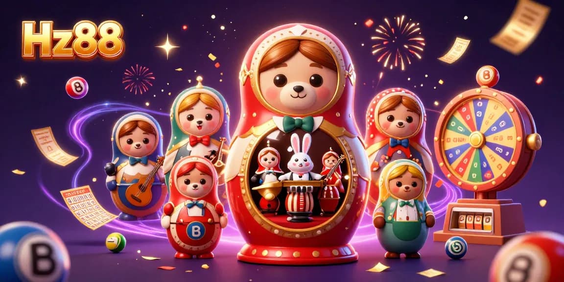 Experience the excitement of Hz88 with colorful lottery balls and casino-themed characters in a festive digital illustration.