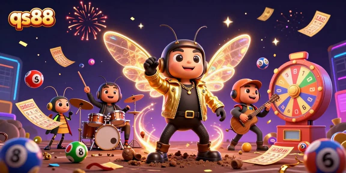 Engage in thrilling lottery excitement with qs88's vibrant scene of a rock star, bingo, and festive elements.