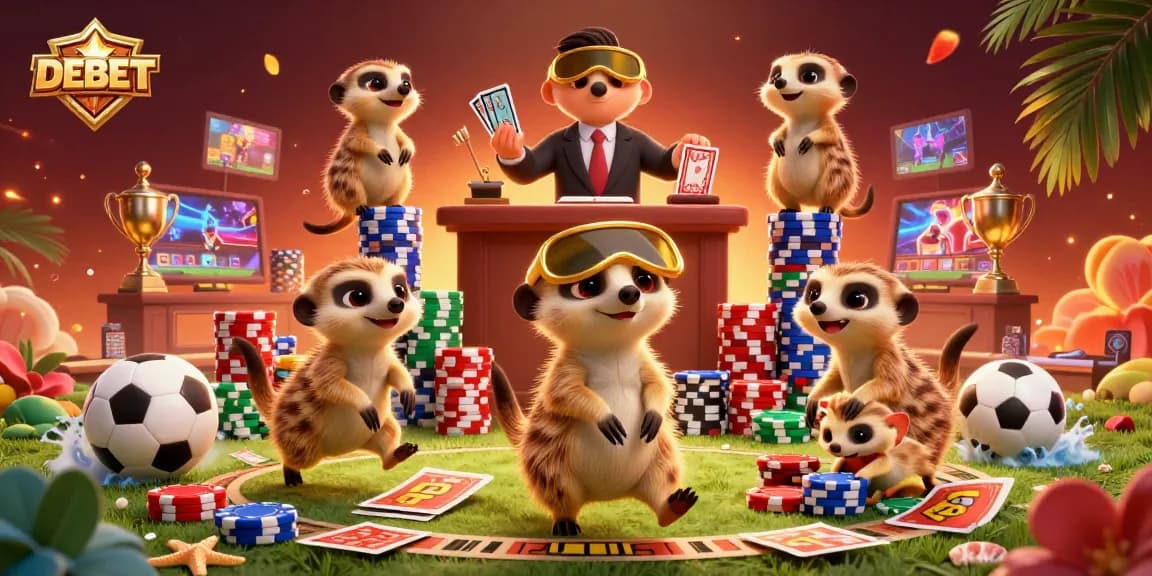 DEBET meerkats running a lively sports betting operation with vibrant visuals and intense action.