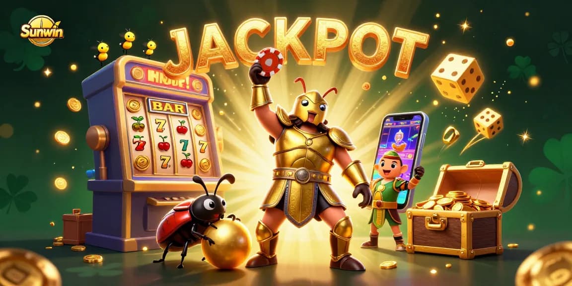Experience the excitement of Sunwin with a vibrant 3D casino illustration showcasing jackpot celebrations.