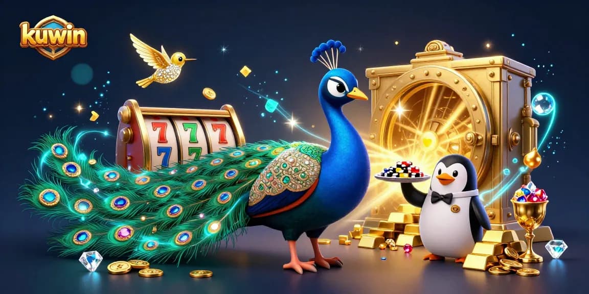 Kuwin showcases vibrant casino excitement with a detailed illustration of a peacock, penguin, and hummingbird surrounded by treasures.
