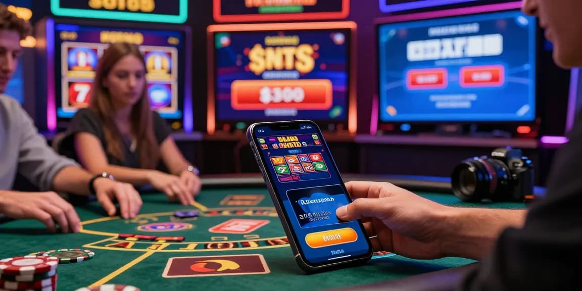 Engaging scene of online casinos that accept credit cards featuring players at virtual tables, highlighting dynamic promotions and sleek mobile transactions.