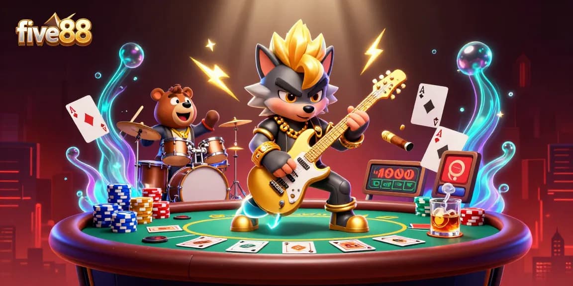 Experience thrilling action with five88 as the rock star wolf and drummer bear light up the casino stage!