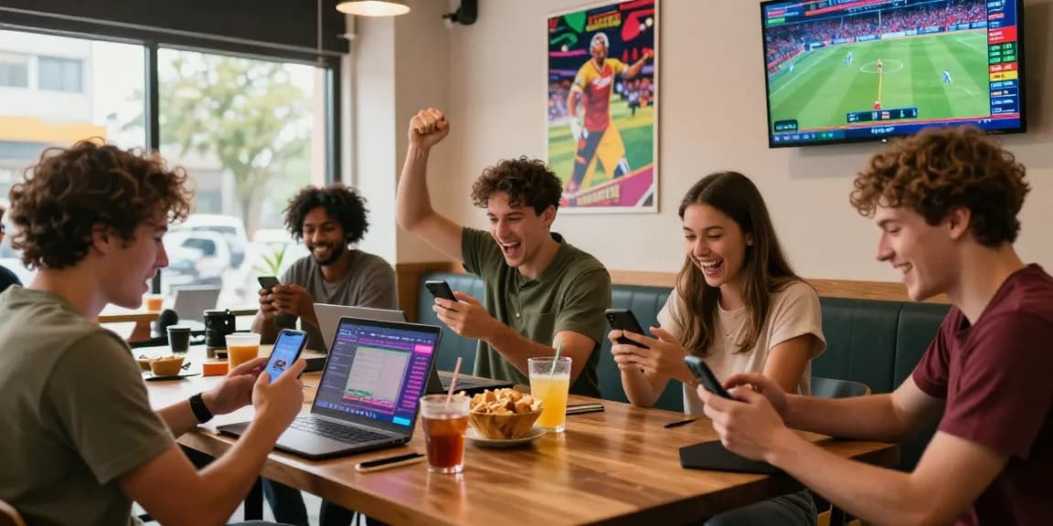 Excited players at https://www.uk88.supply/ enjoying sports betting in a lively café environment with screens showing live events.