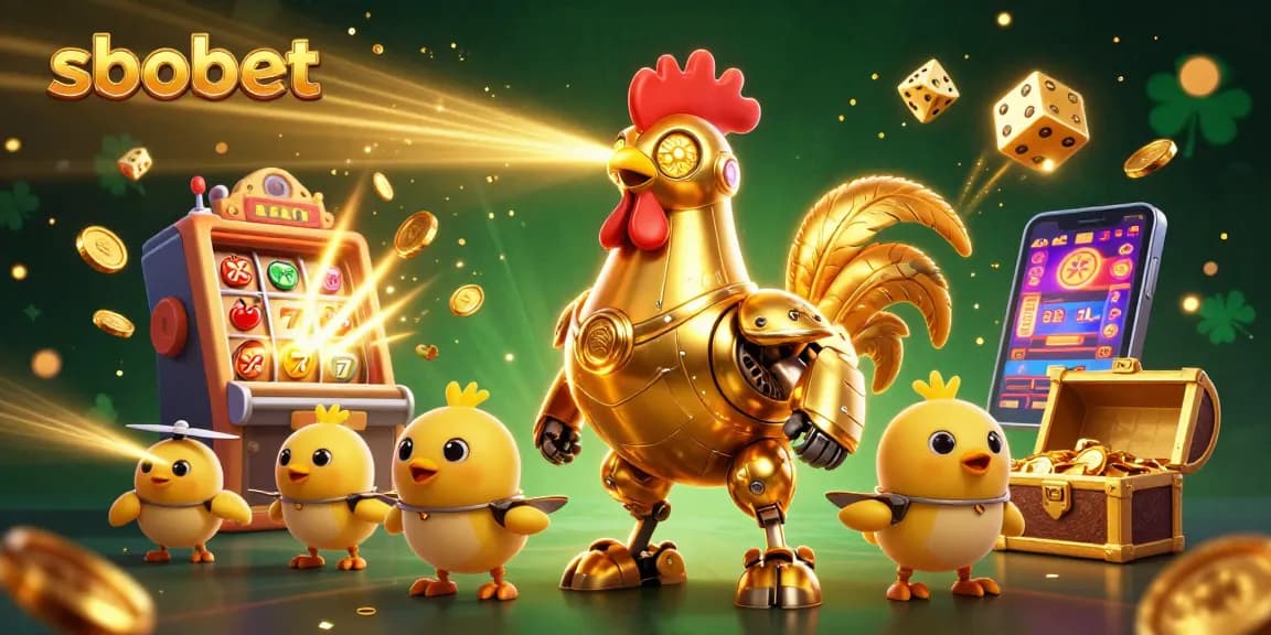 SBOBET delivers thrilling casino action with a 3D rooster robot, slots, and coins bursting
