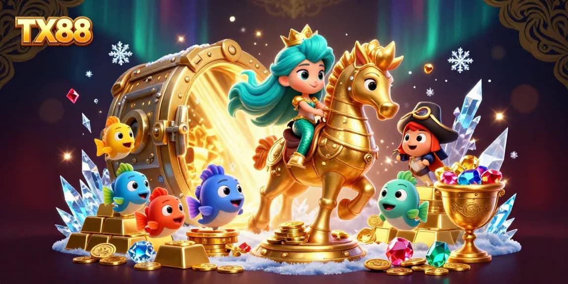 Experience the vibrant world of TX88 online casino with a colorful 3D mermaid princess and treasures.