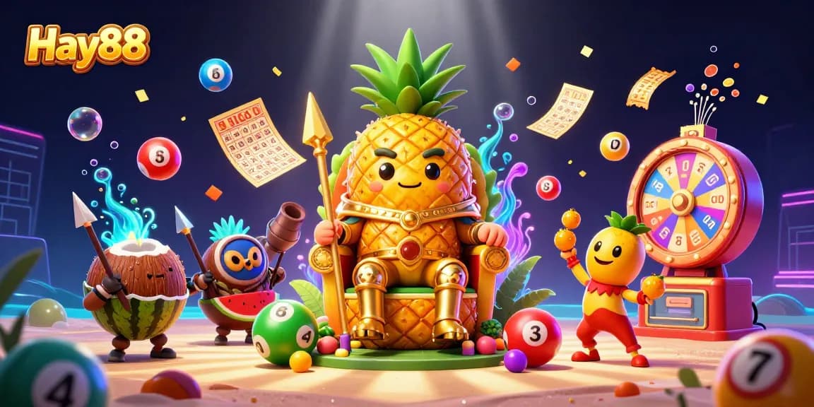 Engage in Hay88's vibrant casino world with a golden pineapple king and dancing lottery balls.