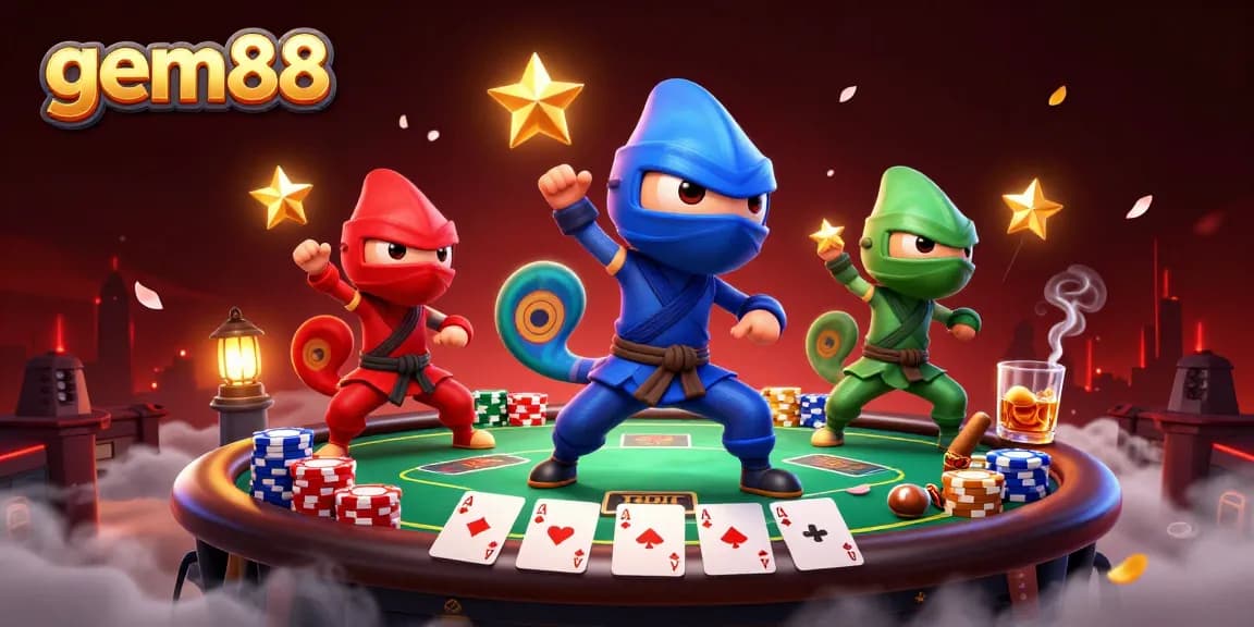 Experience the excitement of gem88 with ninja chameleons in a vibrant casino-themed scene.