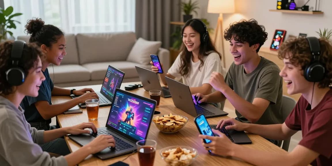Xocdia88 gaming scene with friends enjoying online gaming experience on smartphones and laptops