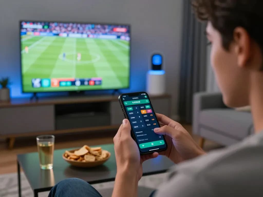 FIVE88 user placing strategic bets on a smartphone, excitement high with live sports betting.