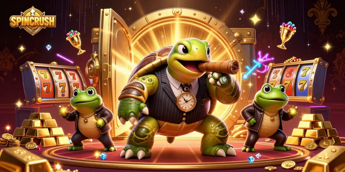 Experience the thrill of SPINCRUSH with characters and vibrant casino elements in this dynamic scene.