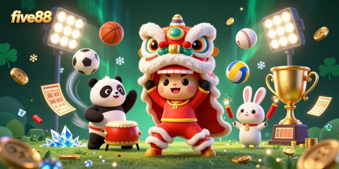 Experience the thrill of five88 with a vibrant 3D illustration of a lion dance and dynamic sports betting elements.