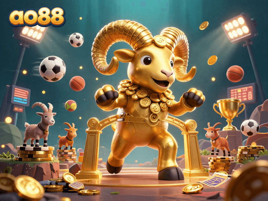 Experience thrilling gaming action at ao88 with a golden ram charging through a vibrant casino scene.