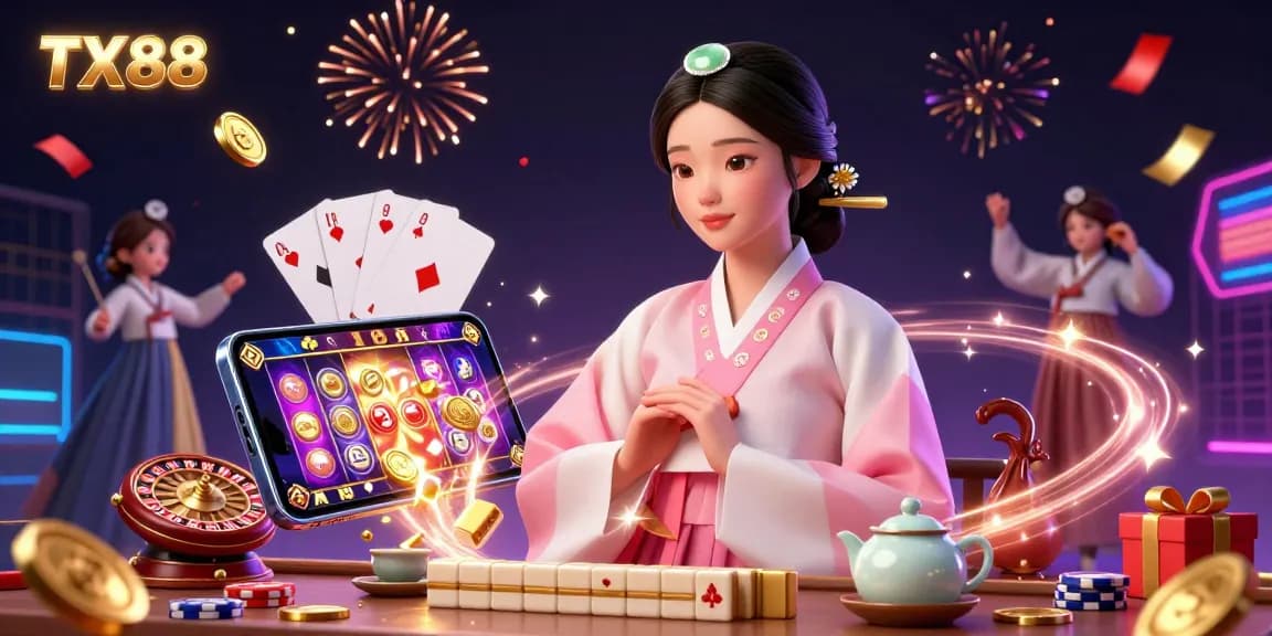 Experience the excitement of TX88 with a charming Asian woman and dynamic casino elements amidst a vibrant casino-themed backdrop.