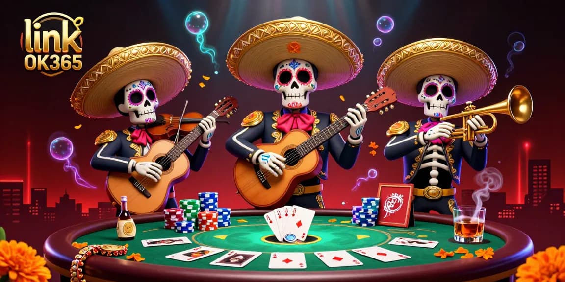 Engage with the vibrant scene featuring link OK365 in a festive mariachi poker setting filled with colorful characters and game elements.