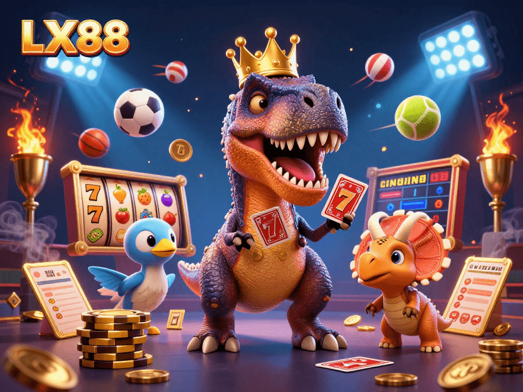 Experience thrilling gameplay and massive jackpots with LX88's vibrant casino scene featuring playful characters.