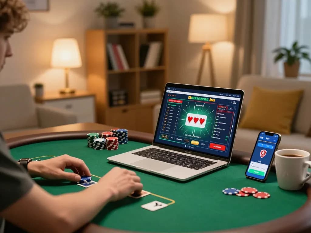 Engaging online poker gaming session at trang chủ mm88 with a laptop and smartphone setup, showcasing strategy.