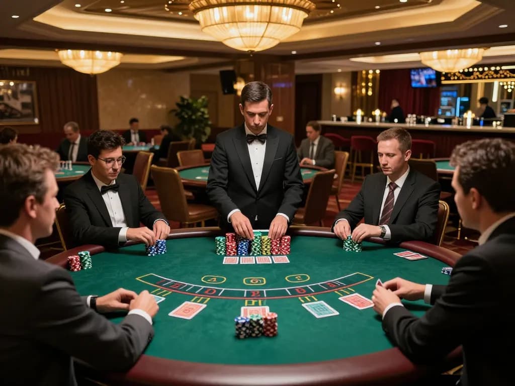 Players strategizing around a blackjack table at a casino, showcasing the SC88 excitement of high-stakes betting
