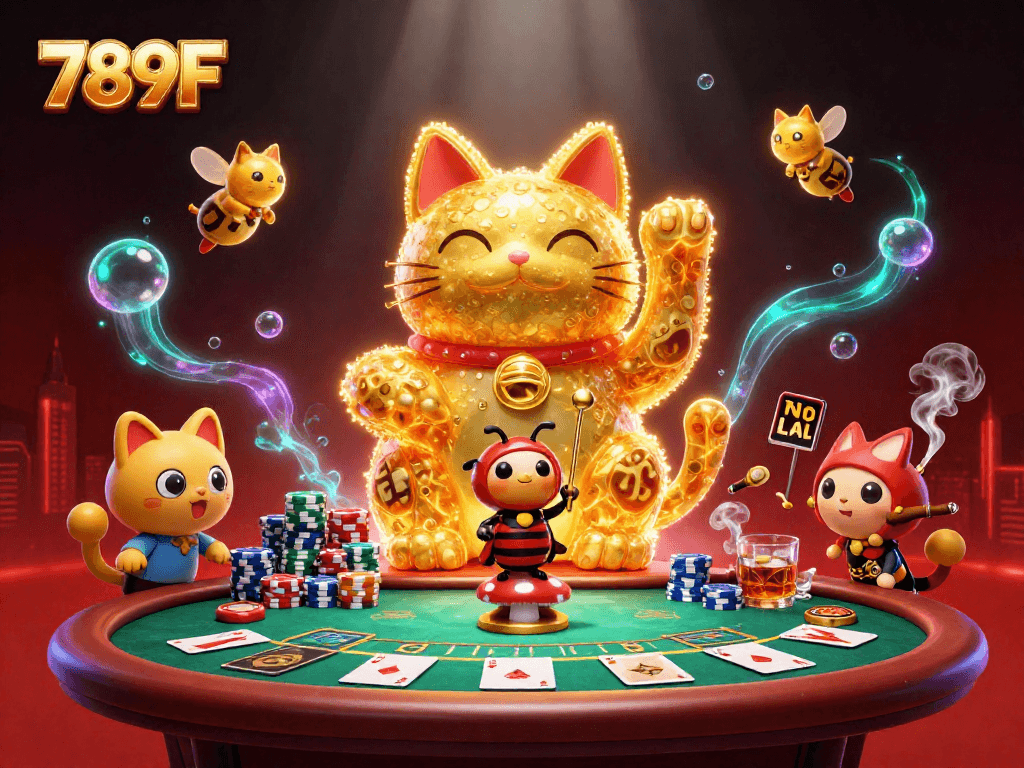 789F's exciting lucky cat formation surrounded by vibrant casino elements ignites gaming energy.
