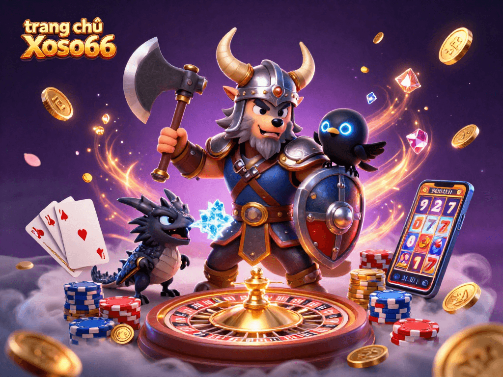 Engage with gaming excitement at trang chủ Xoso66 with vibrant characters and casino elements.
